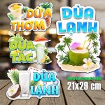 Decal NƯỚC DỪA LẠNH trang trí quán nước, dán tường,LỘT KO ĐỂ LẠI KEO, dántủ kính, chống nước- A4 cắt sẵn chỉ cần lột dán