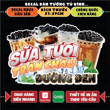 Decal SỮA TƯƠI TRÂN CHÂU ĐƯỜNG ĐEN trang trí quán nước, dán tường, tủ kiếng, xe đẩy, chống nước, đã cắt bế sẵn khổ A4