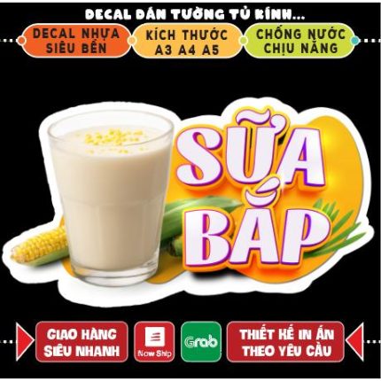 Decal miếng dán SỮA BẮP trang trí xe đẩy, tủ kính, dán tường, Cắt sẵn viền A5 A4 A3 in theo yêu cầu Decor Đồng Decor Đồng