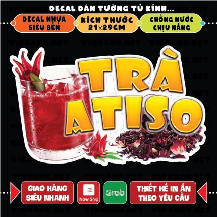 Decal TRÀ ATISO trang trí quán nước, dán tường, tủ kiếng chống nước, đã cắt bế sẵn khổ A4