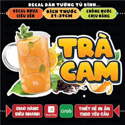 Poster decal TRÀ CAM trang trí quán nước, dán tường, tủ kính,cao cấp chống nước- trà cam A4 cắt sẵn chỉ cần lột dán Decor Đồng