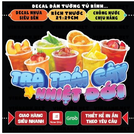 Decal TRÀ TRÁI CÂY NHIỆT ĐỚI trang trí quán nước, dán tường, tủ kiếng chống nước, đã cắt bế sẵn khổ A4