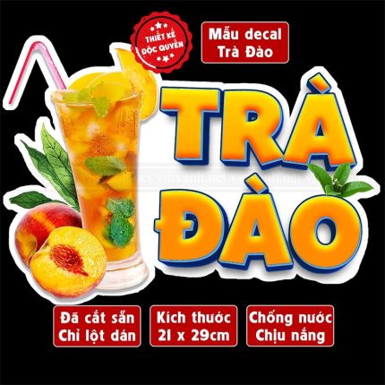 Decal TRÀ ĐÀO trang trí quán hình ly trà dâu, sinh tố, cà phê, rau má, trà sữa,Sticker, Decal dán tường, tủ, kính...